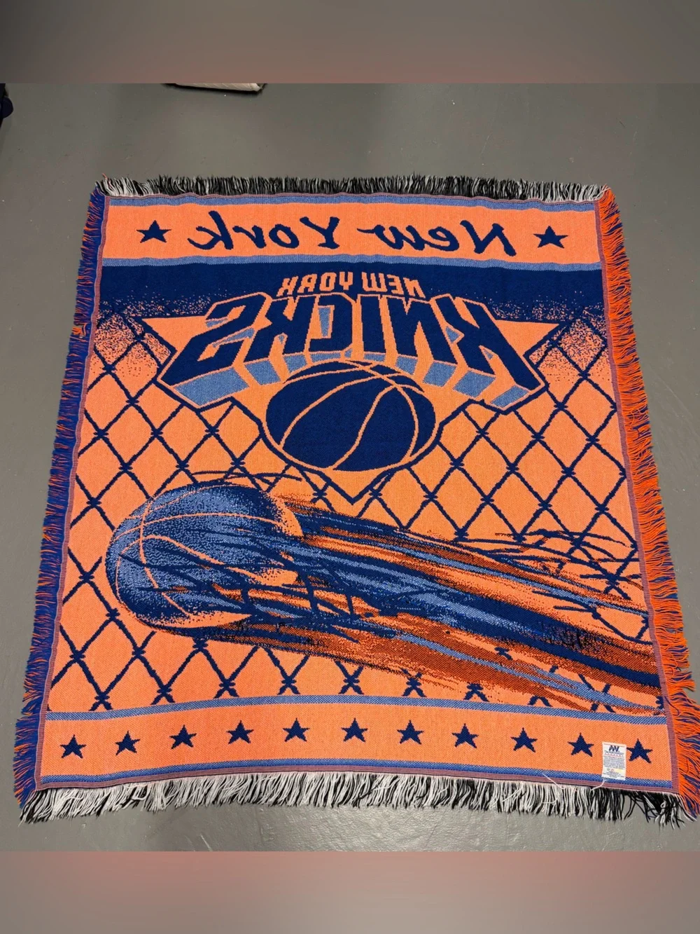 New York Knicks Vintage Orange & Blue Woven Throw Blanket Tapestry Basketball